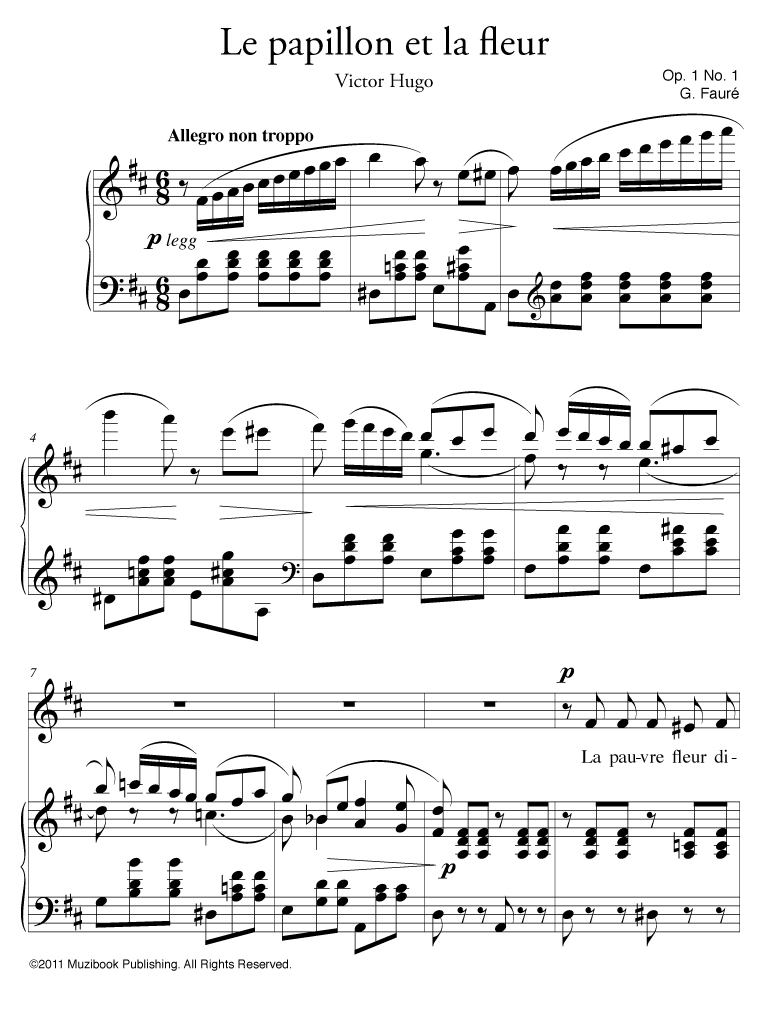 Le papillon et la fleur - Piano et Chant, Voix Haute - Gabriel Fauré (EAN13  : 3700681101238) | Muzibook.fr : Partitions pour iPad et tablettes