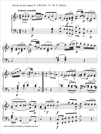 Sonate en do majeur K 330 Mvt 2 - Andante cantabile - Wolfgang Amadeus Mozart - Muzibook Publishing